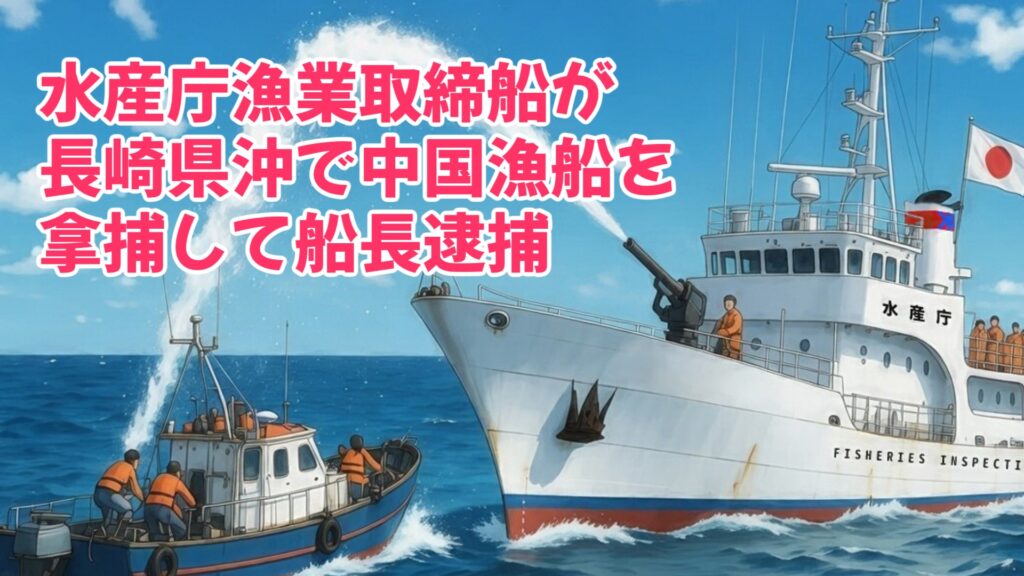 水産庁漁業取締船が長崎県沖で中国漁船を拿捕して船長逮捕